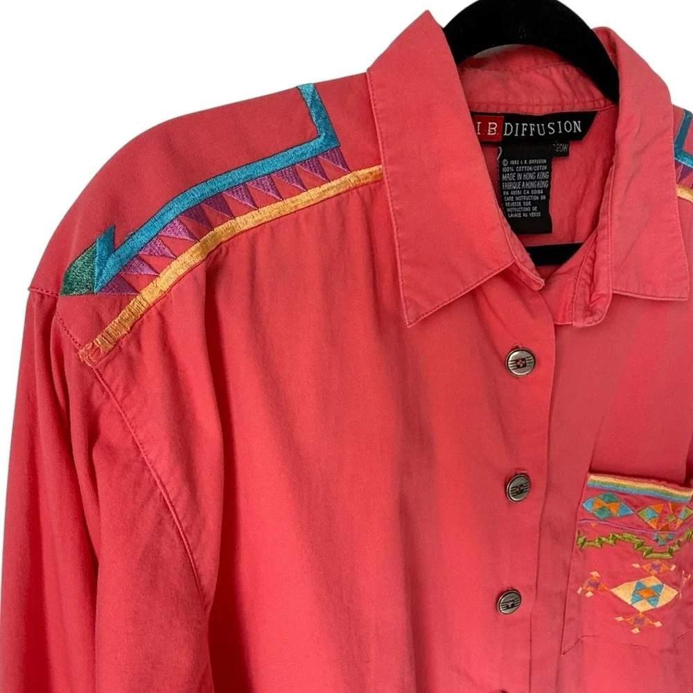 Vtg IB Diffusion Womens Western Shirt Plus 22W Coral Colorful Embroidery Cowgirl